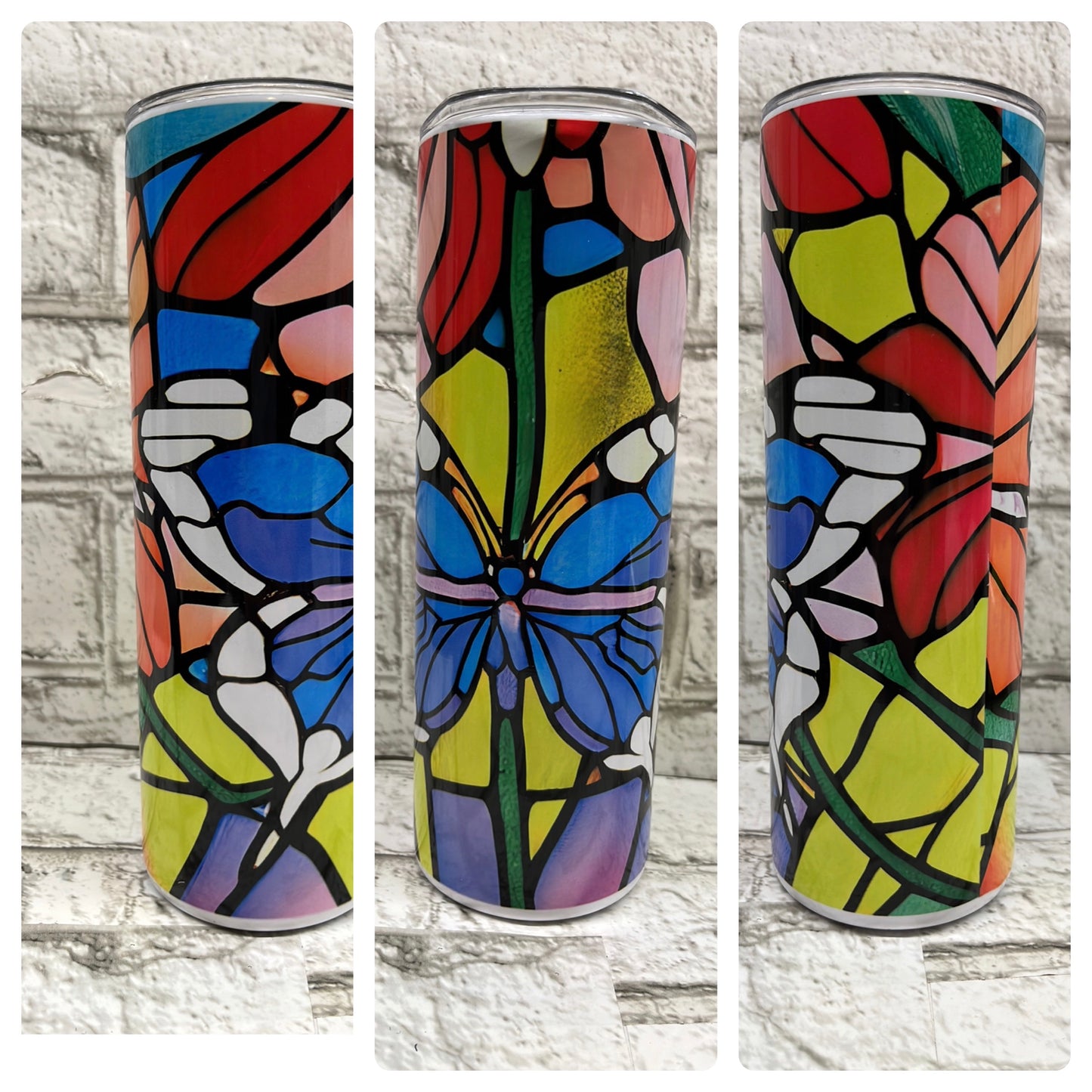 20 Ounce Skinny Tumbler - Colorful Stained Glass and Butterfly