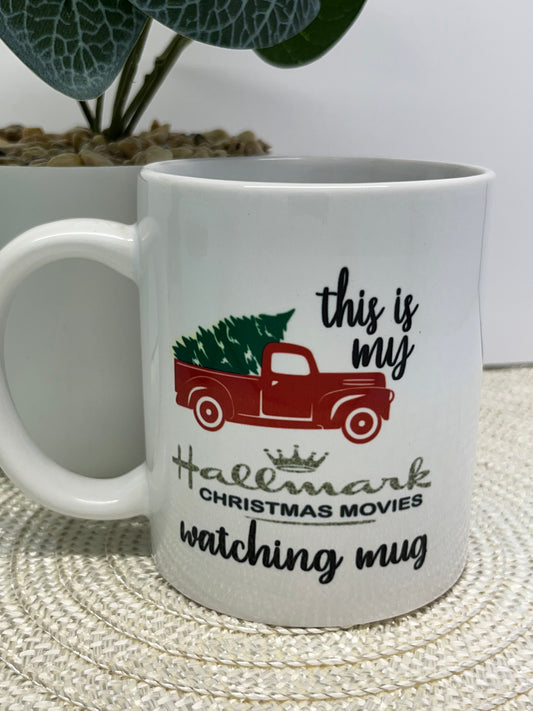 Movie Watching Mug - 11 Ounce Coffee Mug - Christmas Tree and red truck