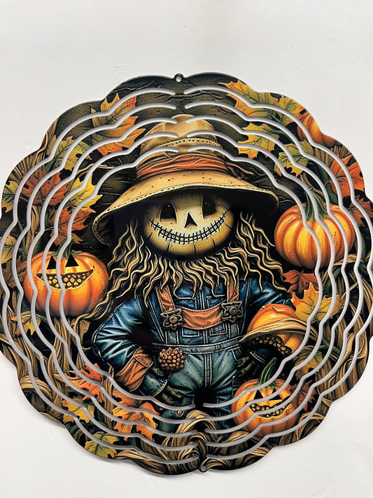 8” wind spinner scarecrow and pumpkins